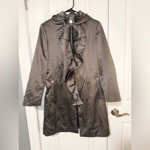 Tahari Like New Women’s Large Charcoal Ruffle Trench Coat with Hood